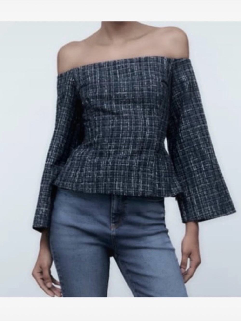 Zara Off-Shoulder Peplum Tweed Top Size L